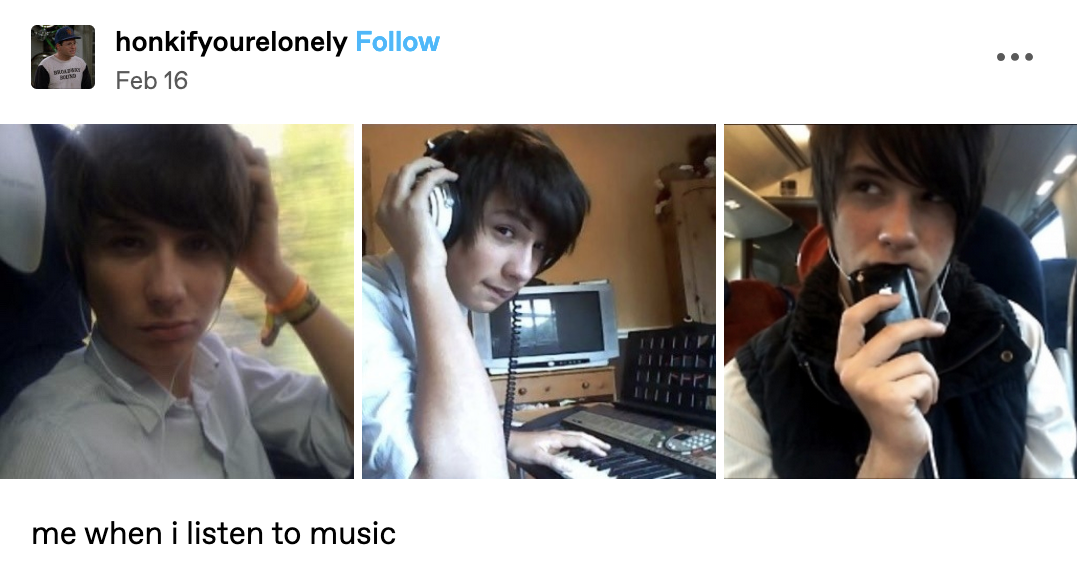 A tumblr post with three photos of Dan Howell in 2009 with the caption  'me when i listen to music'.